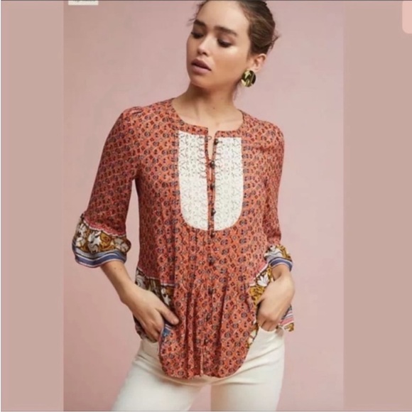 Anthropologie Maeve Hiver Flowy Peasant Blouse Top Size 6 Lace Trim Boho - Picture 2 of 7
